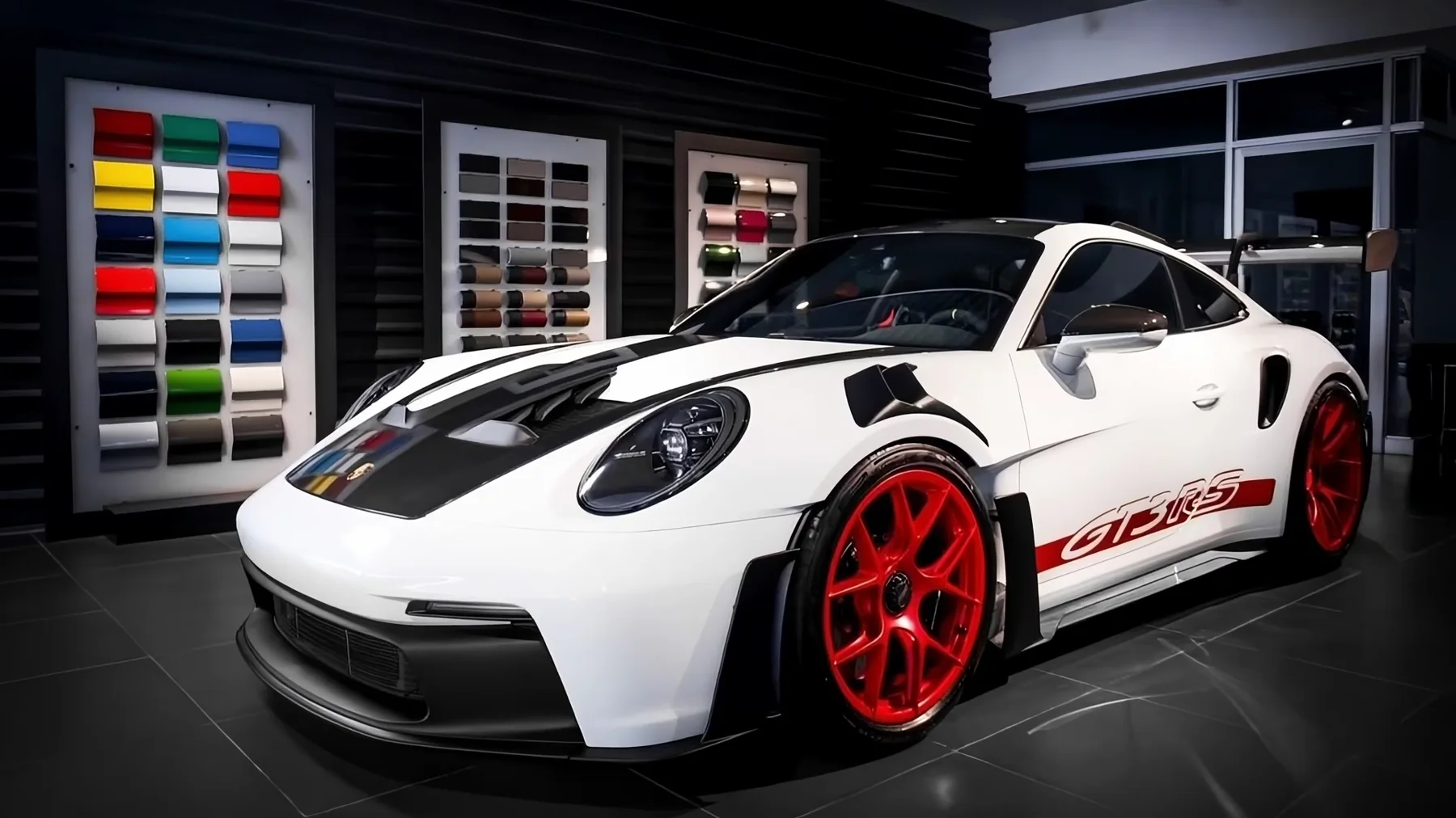 911 GT3 RS blanco de frente en tres cuartos, en el showroom junto a la carta de colores